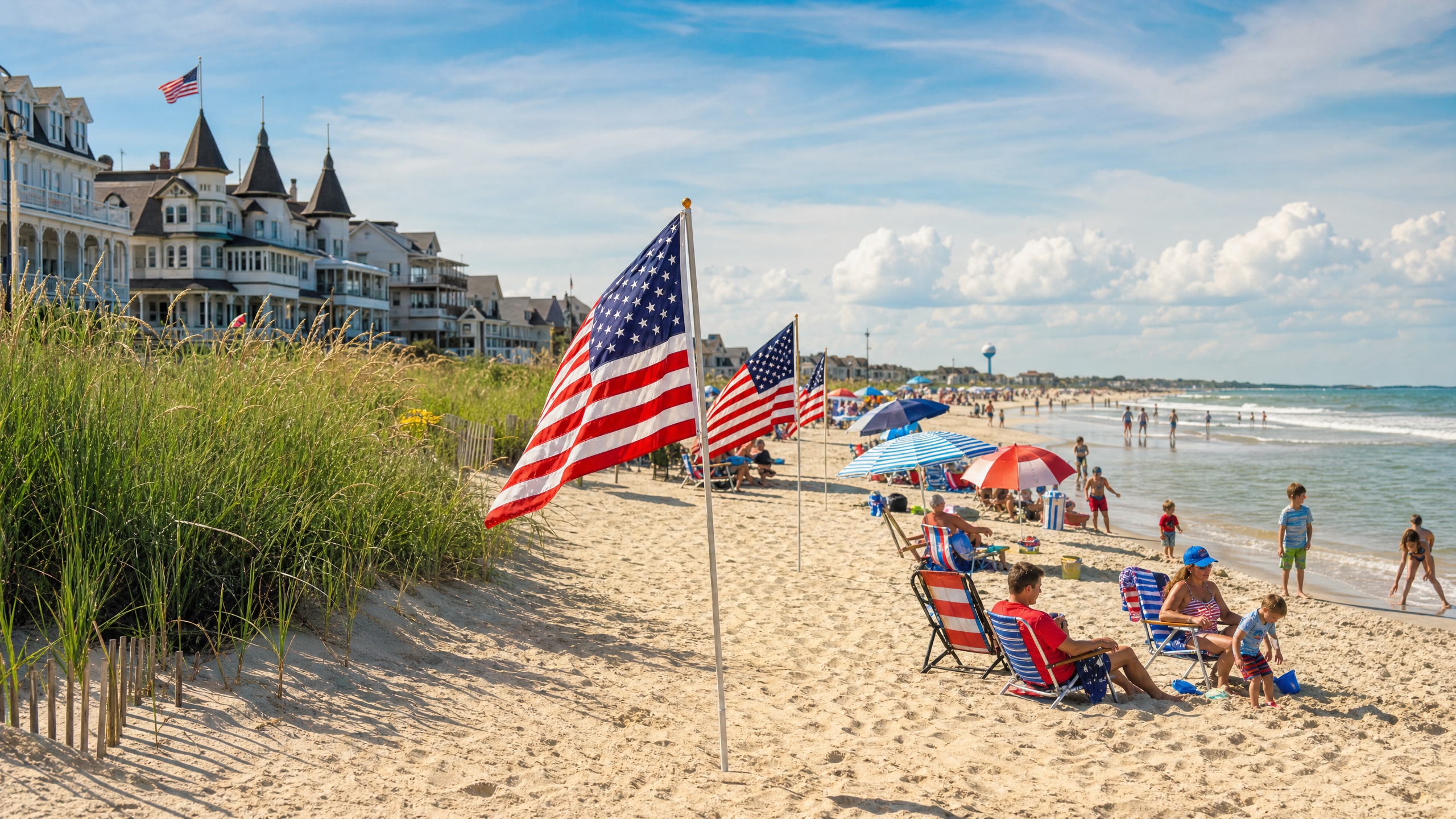 Cape May beach on Memorial Day weekend with American flags, families, and Victorian hotels in the background
